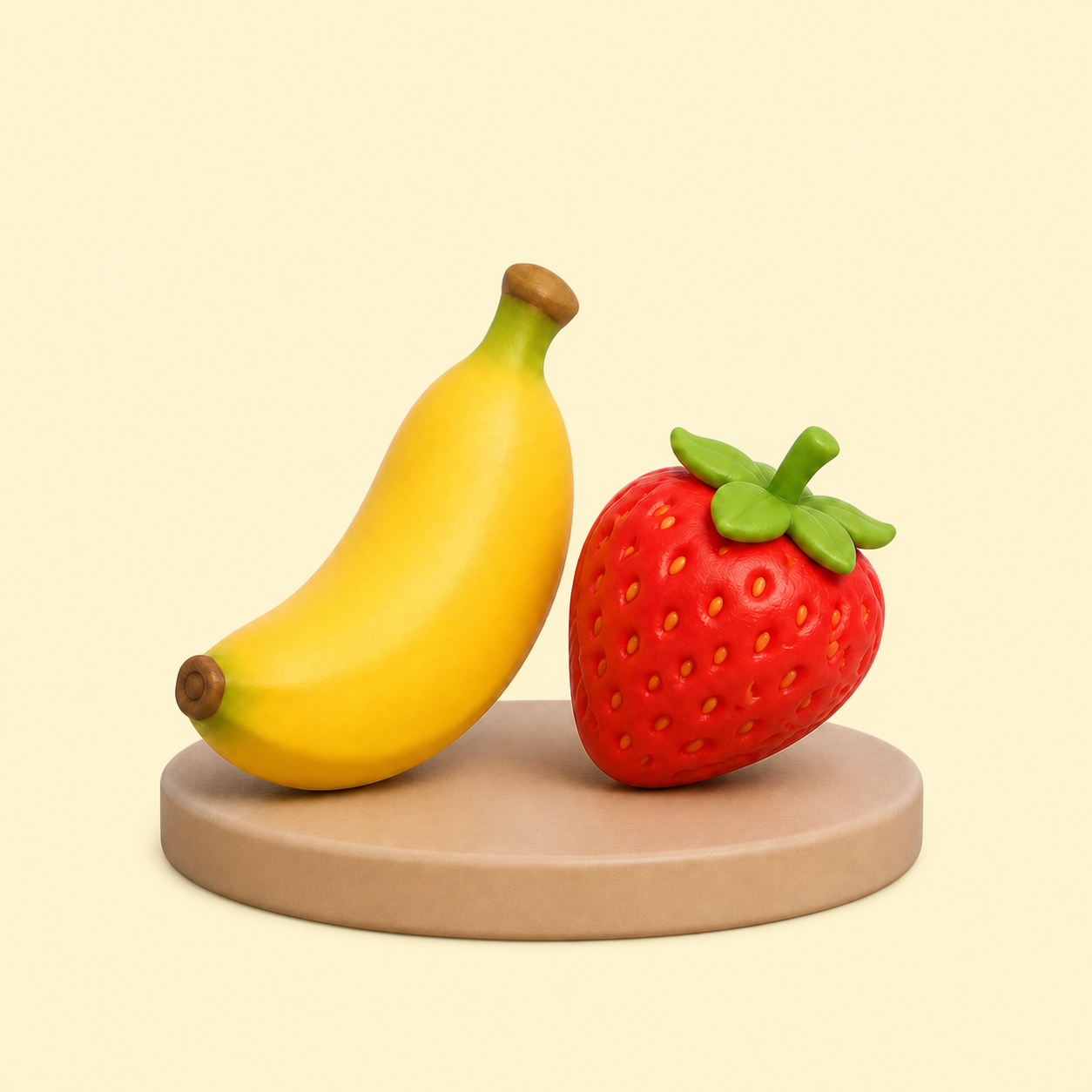 Pisang dan strawberi 3D di atas tapak
