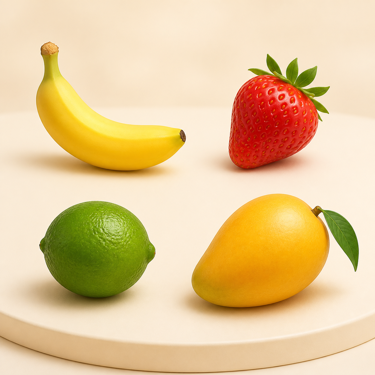 Pisang, strawberi, limau dan mangga tersusun dalam empat ruang