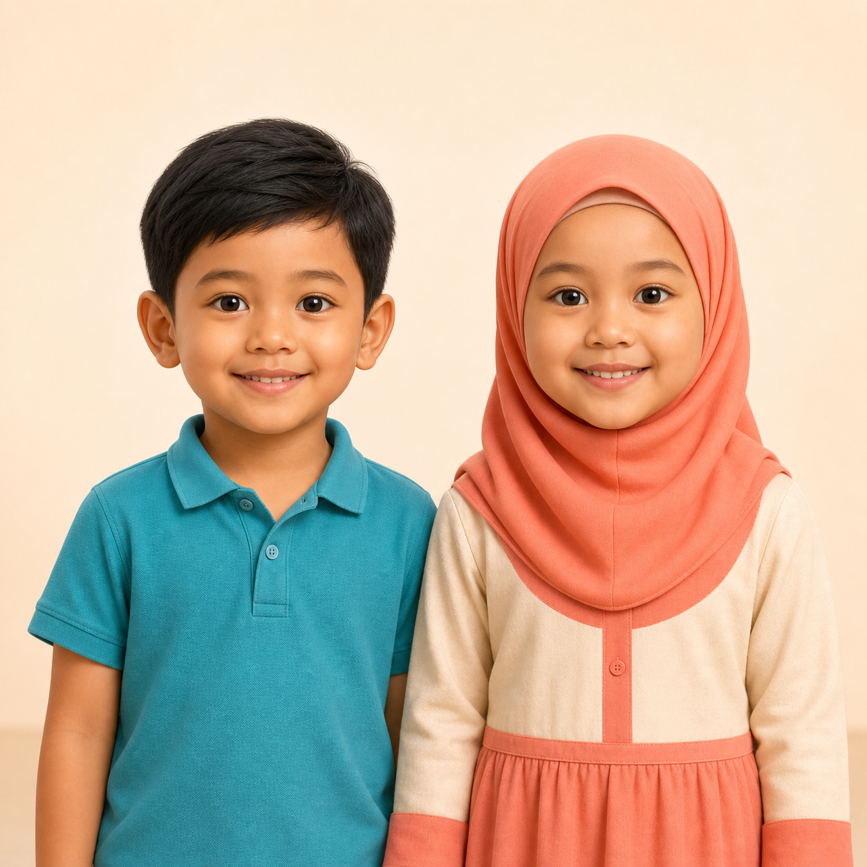 Murid lelaki dan murid perempuan bertudung sedang tersenyum